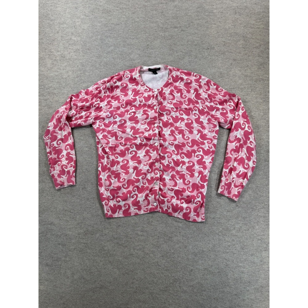 Lands End Cardigan Sweater Womens L 14-16 Pink Seahorse Print Cotton Knit